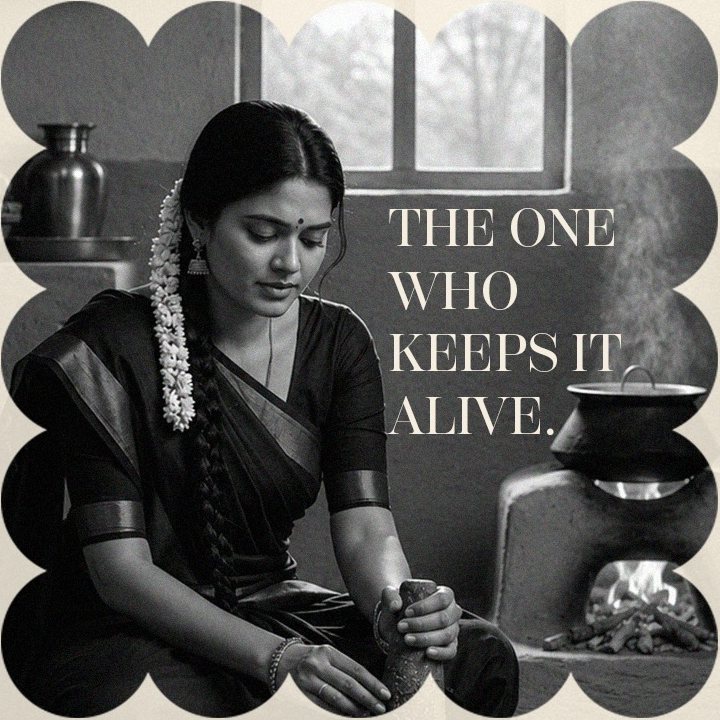 A woman grinds masala on a stone beside a wood fire, labelled: The one who keeps it alive.