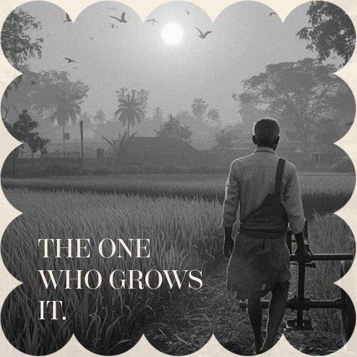 A farmer walks into a paddy field at dawn, labelled: The one who grows it.