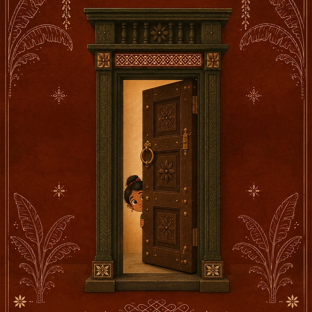 Illustration of a carved wooden Manduva door, open just enough for a little girl to peek out