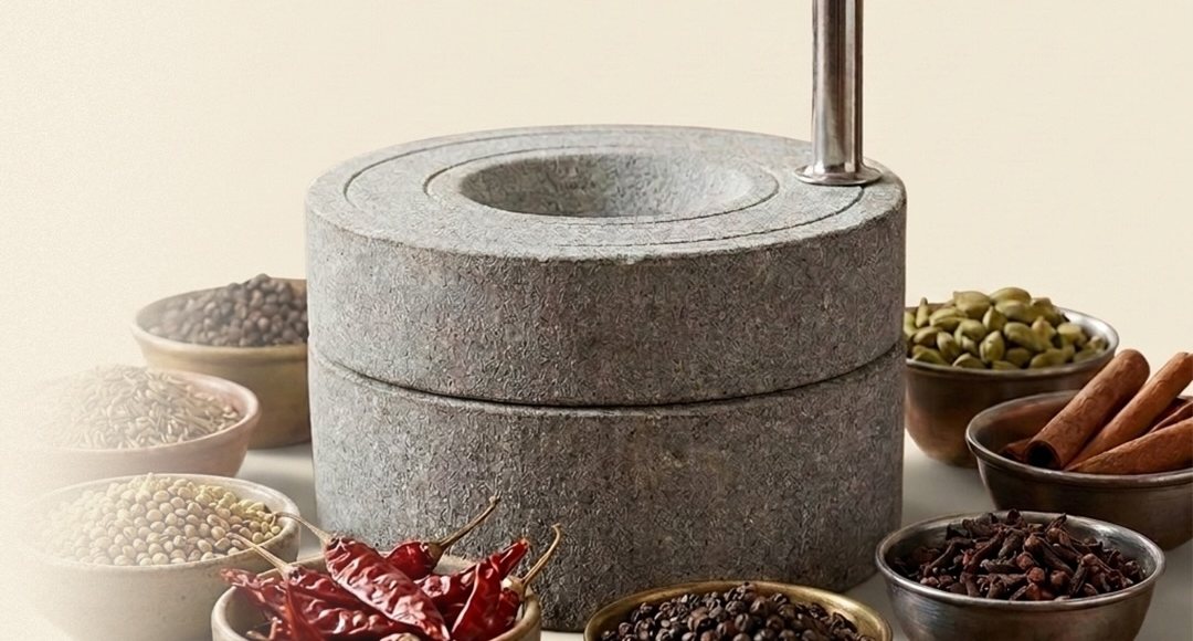 A stone grinder surrounded by bowls of whole spices and dried red chillies