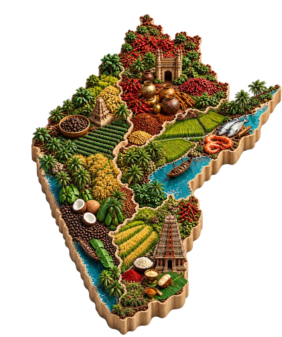 An illustrated relief map of South India filled with chillies, spices, rice fields, coconuts and seafood